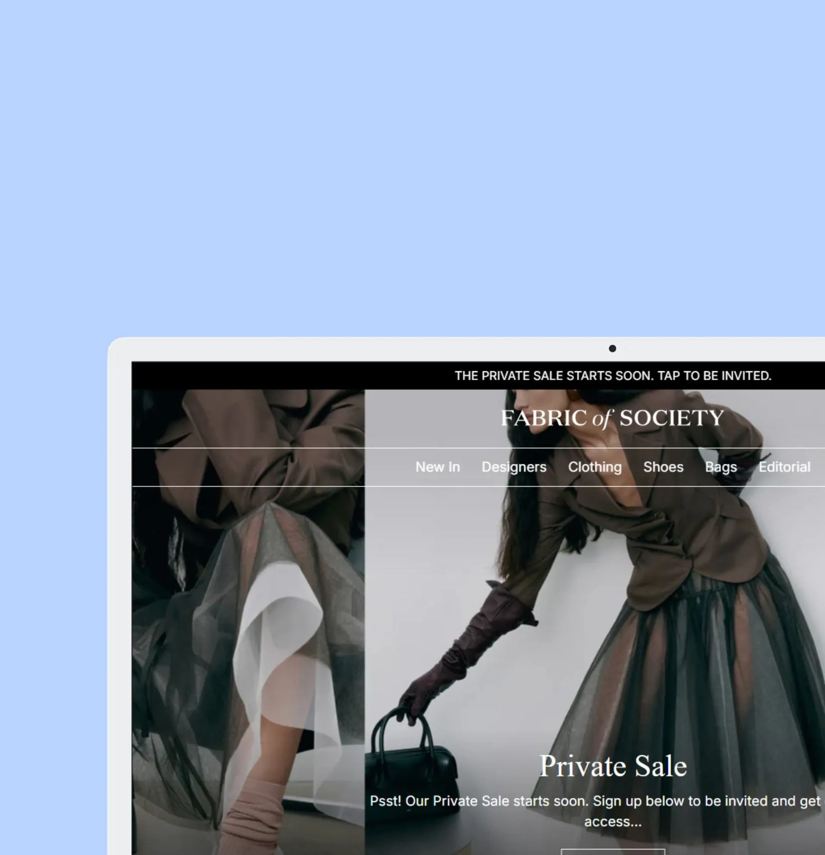 Fabric of Society private sale page shown on a laptop