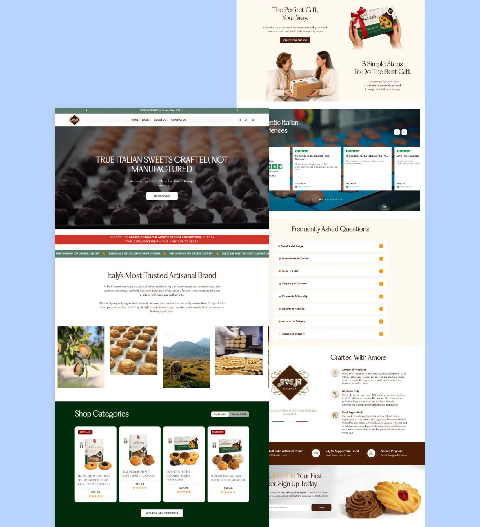 Dolci Aveja storefront pages with product categories and FAQs