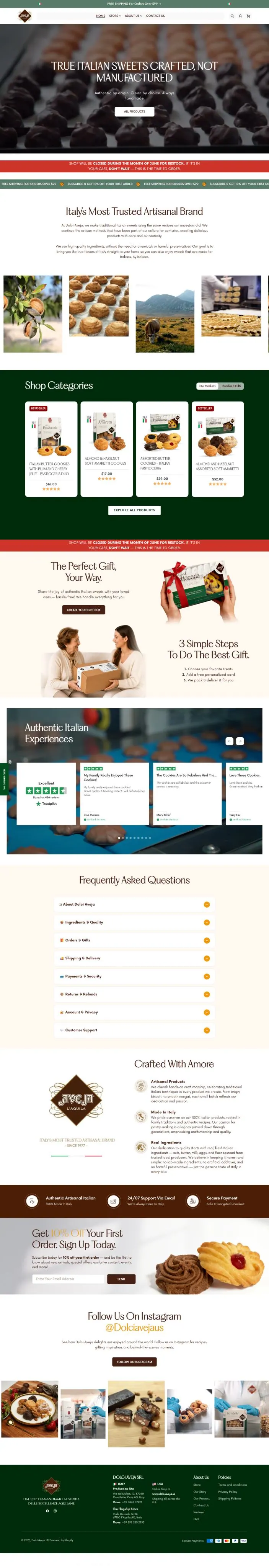 Full-length screenshot of the Dolci Aveja homepage